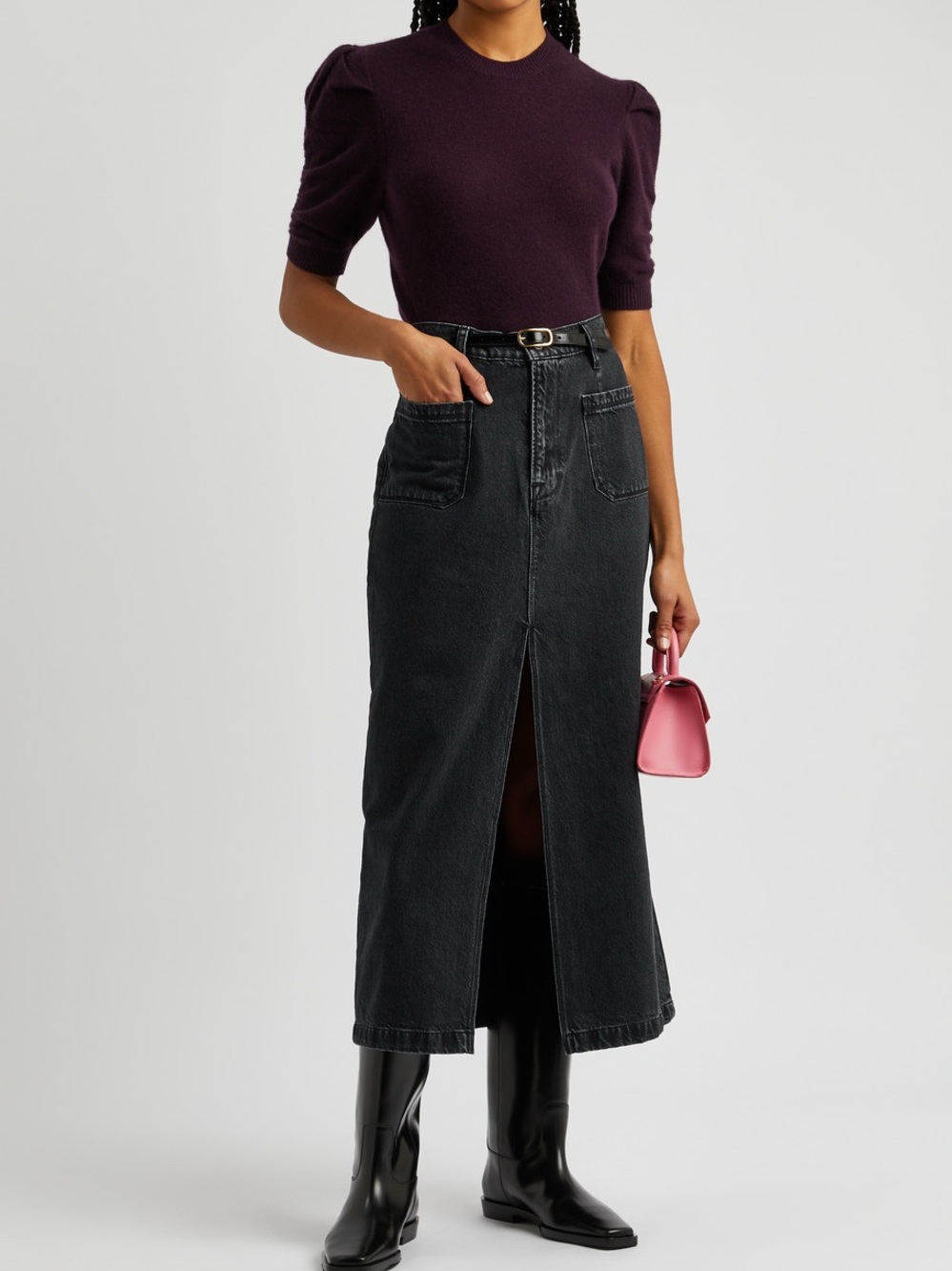 FRAME Black Denim Le Bardot Midi Skirt